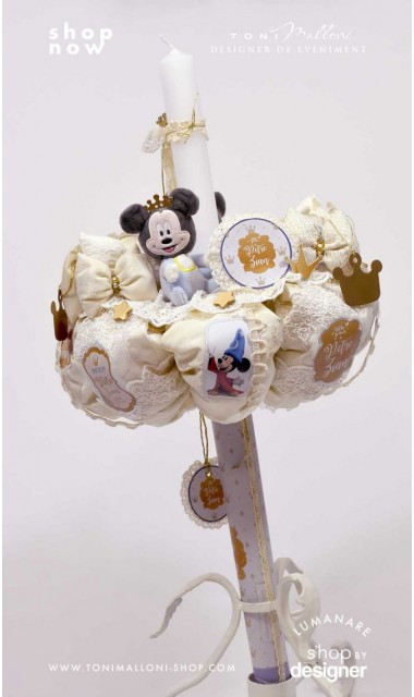 Lumanare botez Mickey Mouse personalizata grafic si inspirata din lumea Disney cu note roiale The King 2